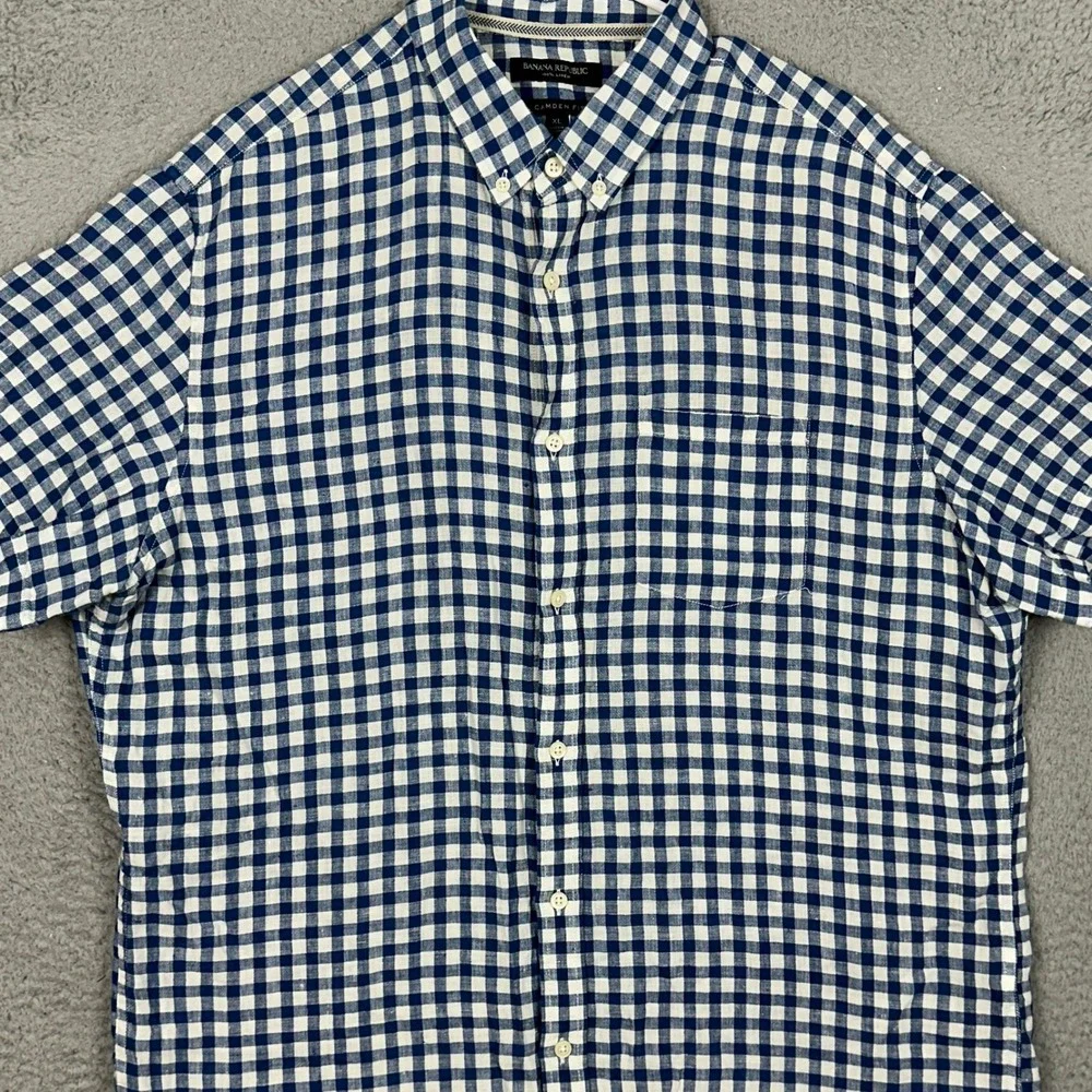 Banana Republic Linen Shirt Mens XL Camden Fit Blue Gingham Button Down Pocket